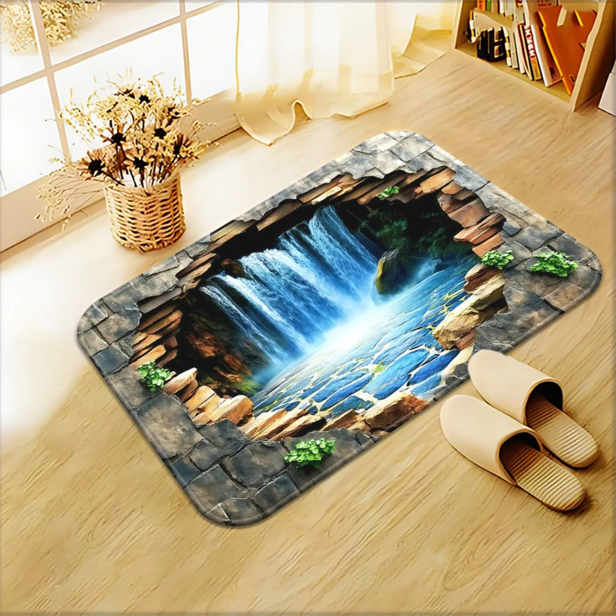 "Waterfall Scene" Doormat – 3D Stone Cave Design with Flowing Water, Non-Slip & Machine Washable for Entryway or Home Decor