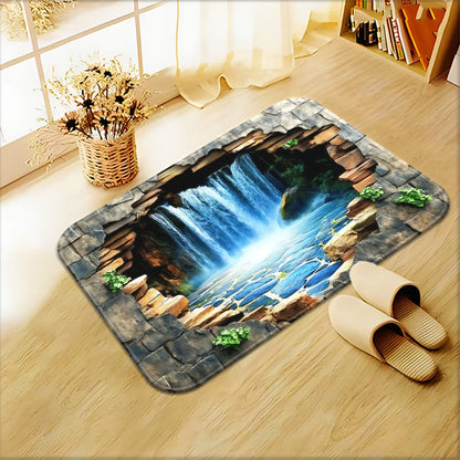 "Waterfall Scene" Doormat – 3D Stone Cave Design with Flowing Water, Non-Slip & Machine Washable for Entryway or Home Decor