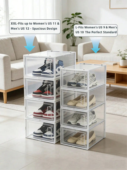 12-Pack Clear Stackable Shoe Boxes - Plastic, Black, For Closet/Entryway/Under Bed, Also For Toy Storage