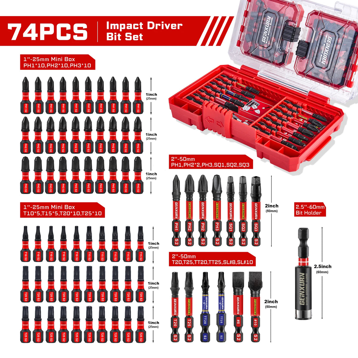 Geinxurn 74Pcs Impact Screwdriver Bits Set, Magnetic S2 Steel Mixed Insert Power Bits Tips,Bit Holder with Red Storage Box Case