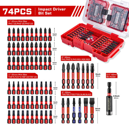 Geinxurn 74Pcs Impact Screwdriver Bits Set, Magnetic S2 Steel Mixed Insert Power Bits Tips,Bit Holder with Red Storage Box Case
