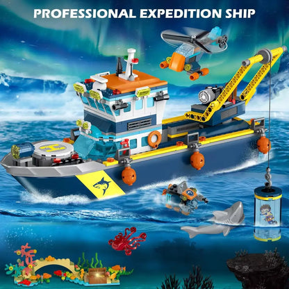 HOGOKIDS Floatable Boat Building Set with LED-Fun Arctic Explorer Ship with Helicopter Sub Shark Cage Birthday Gift for 6+kids