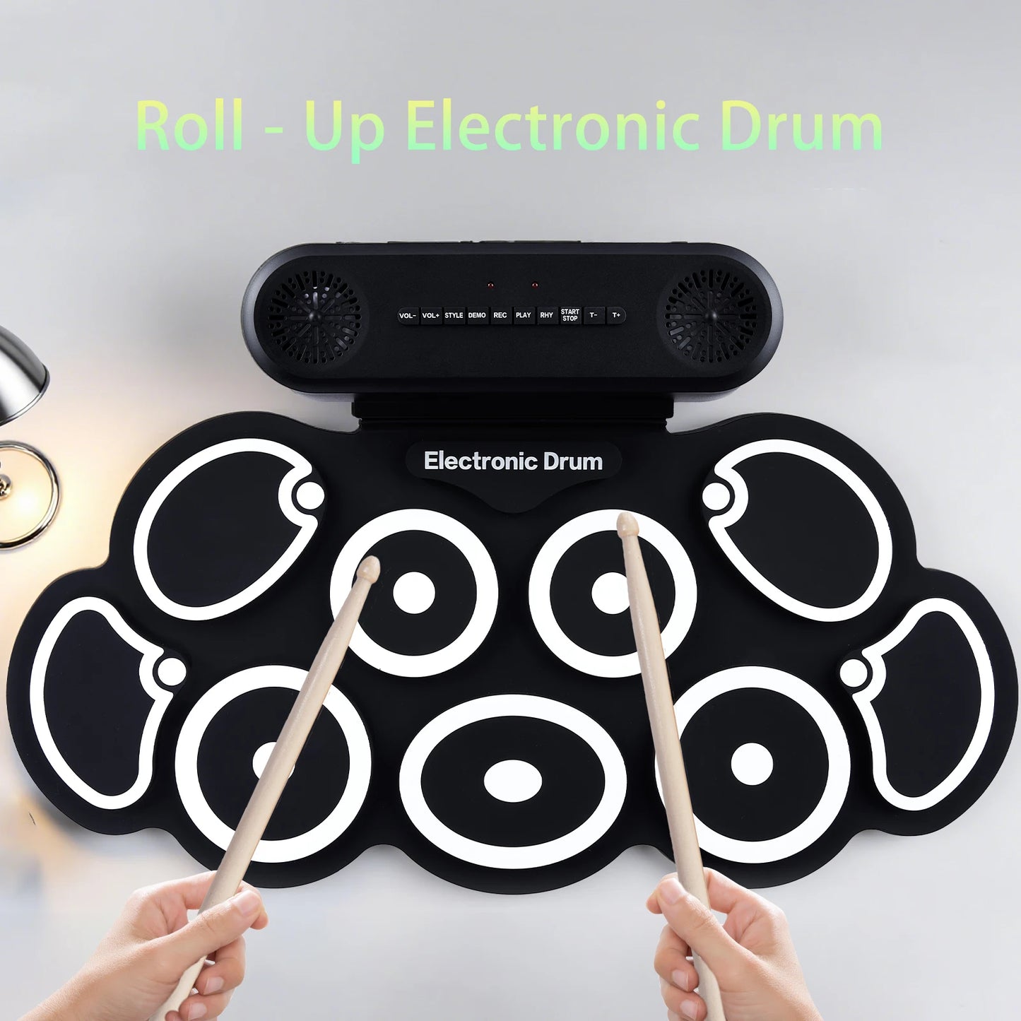Electronic Drum Set, 9-Piece Rolled Up Electric Drum Pad Set, with Headphone Jack, 10 Hours of Playback Time, Built-In Speaker,
