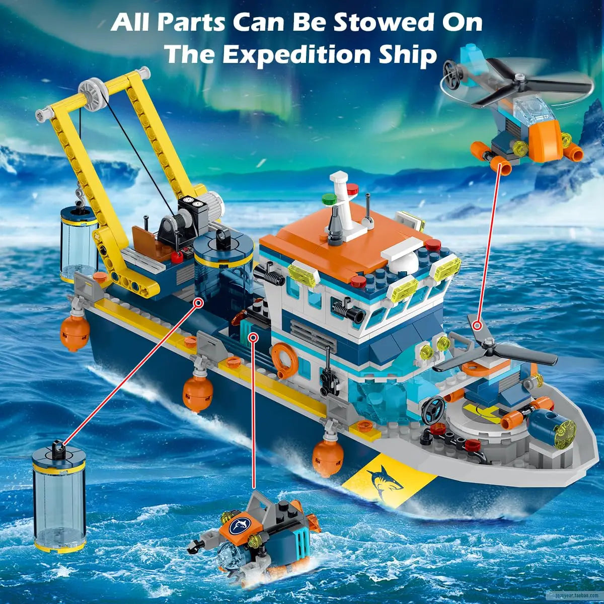HOGOKIDS Floatable Boat Building Set with LED-Fun Arctic Explorer Ship with Helicopter Sub Shark Cage Birthday Gift for 6+kids