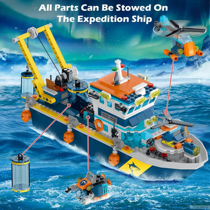 HOGOKIDS Floatable Boat Building Set with LED-Fun Arctic Explorer Ship with Helicopter Sub Shark Cage Birthday Gift for 6+kids