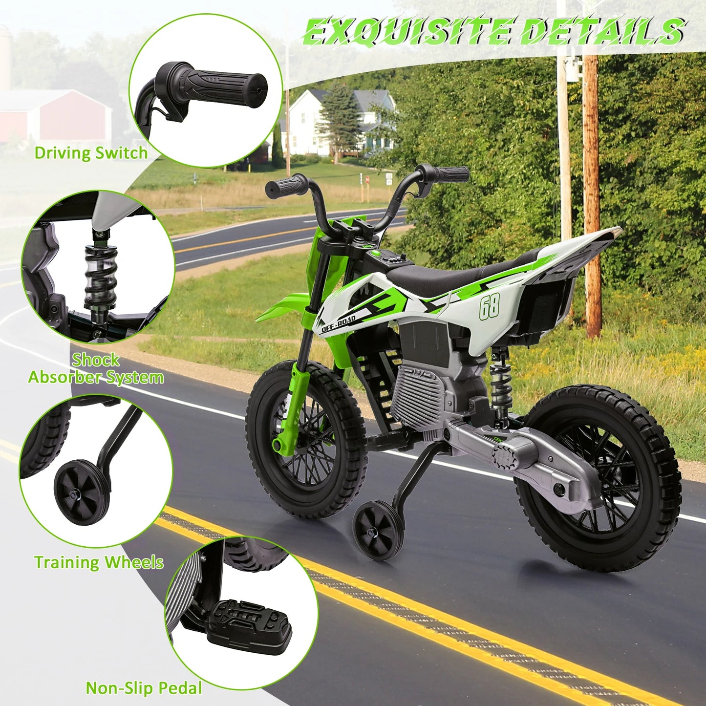 12v Kids Electric Dirt Bike with Training Wheels Twist Grip Throttle 3Mph Max Speed Music Safe Ride-on Motorcycle for Children
