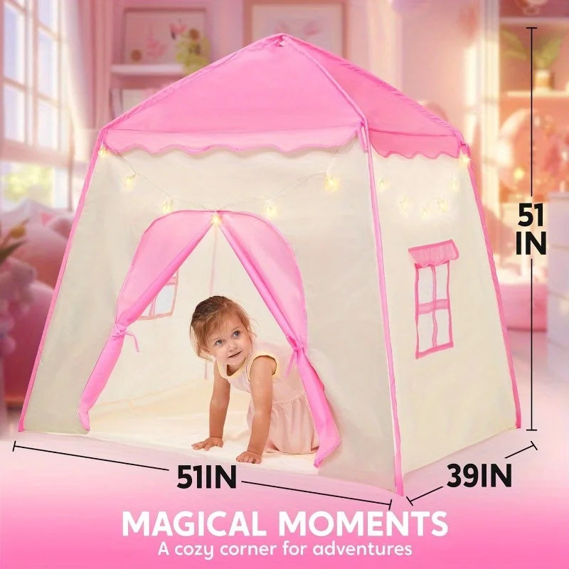 JOYFY Pink Princess Tent for Girls with LED Star Lights Large Playhouse Kids Castle Play Tent for Children Indoor Outdoor Games