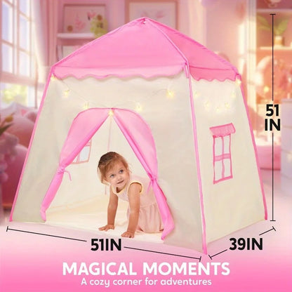 JOYFY Pink Princess Tent for Girls with LED Star Lights Large Playhouse Kids Castle Play Tent for Children Indoor Outdoor Games