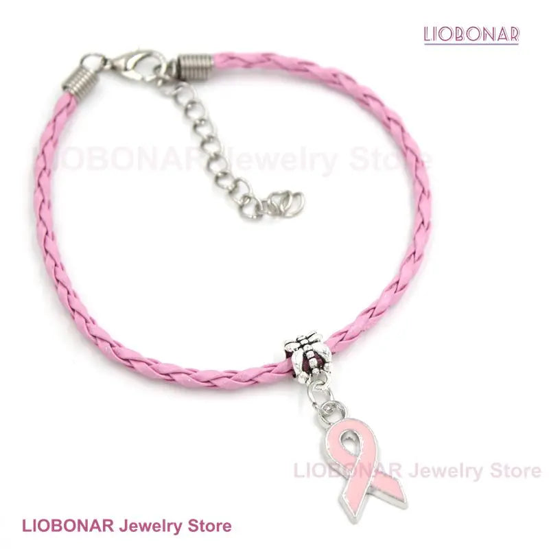 10PCS Lot Wholesale Breast Cancer Yellow Pink Ribbon Charm PU Braid Leather Bracelets For Women Jewelry Awareness Pulsera