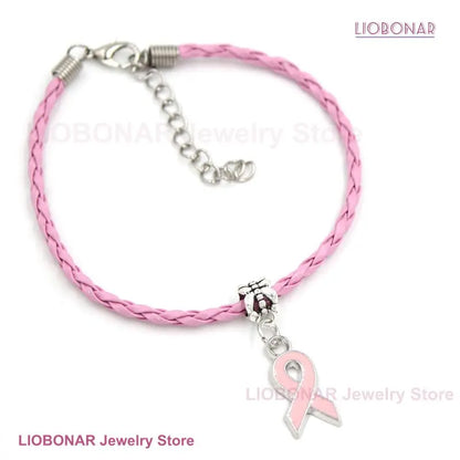 10PCS Lot Wholesale Breast Cancer Yellow Pink Ribbon Charm PU Braid Leather Bracelets For Women Jewelry Awareness Pulsera
