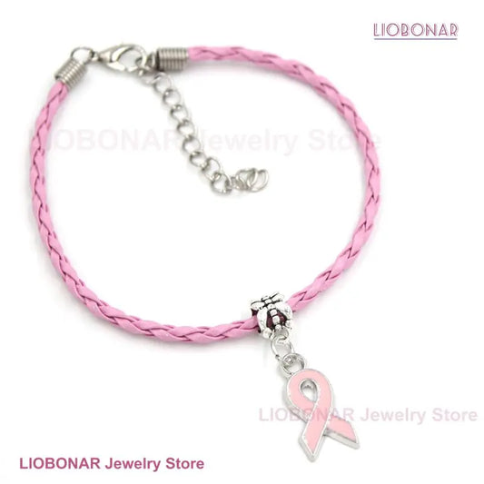 10PCS Lot Wholesale Breast Cancer Yellow Pink Ribbon Charm PU Braid Leather Bracelets For Women Jewelry Awareness Pulsera