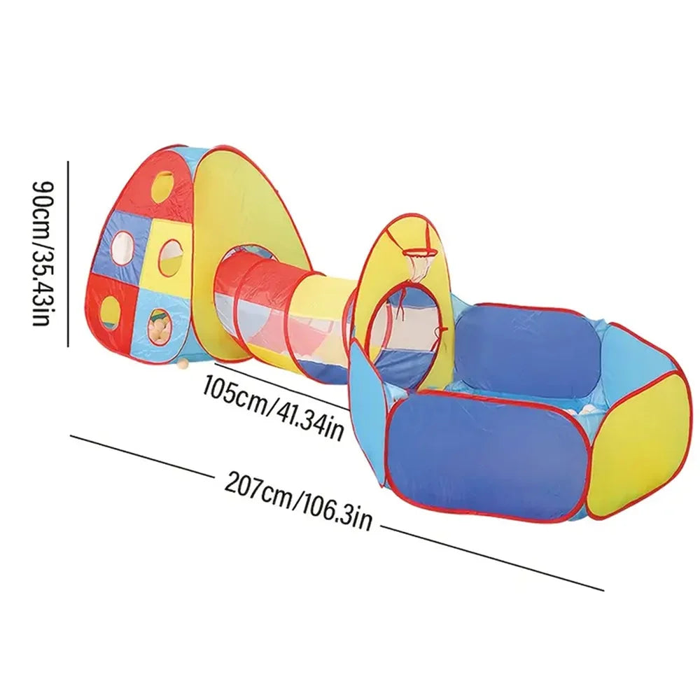 A Tent Playhouse Suitable For Indoor And Outdoor Use, Complete With A Tunnel, Ball Pool, And Fence,