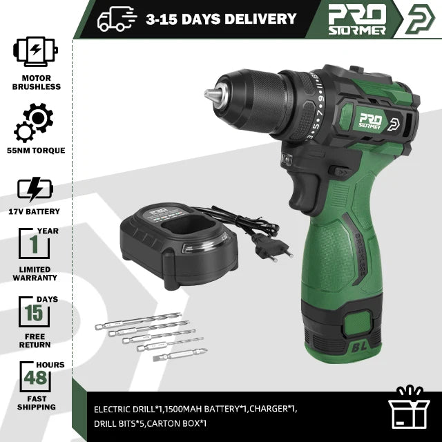 17V Brushless Electric Drill 55NM  Mini  Screwdriver Li-ion Battery 5pcs Bit  Drill By PROSTORMER