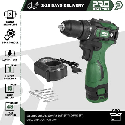17V Brushless Electric Drill 55NM  Mini  Screwdriver Li-ion Battery 5pcs Bit  Drill By PROSTORMER