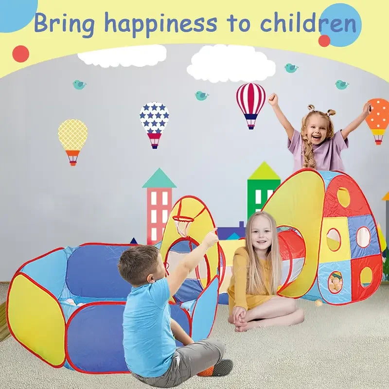 A Tent Playhouse Suitable For Indoor And Outdoor Use, Complete With A Tunnel, Ball Pool, And Fence,