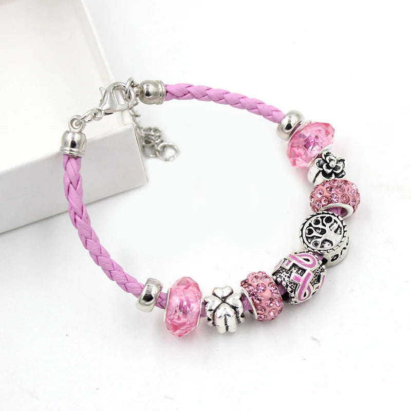 10PCS Lot Wholesale Breast Cancer Yellow Pink Ribbon Charm PU Braid Leather Bracelets For Women Jewelry Awareness Pulsera