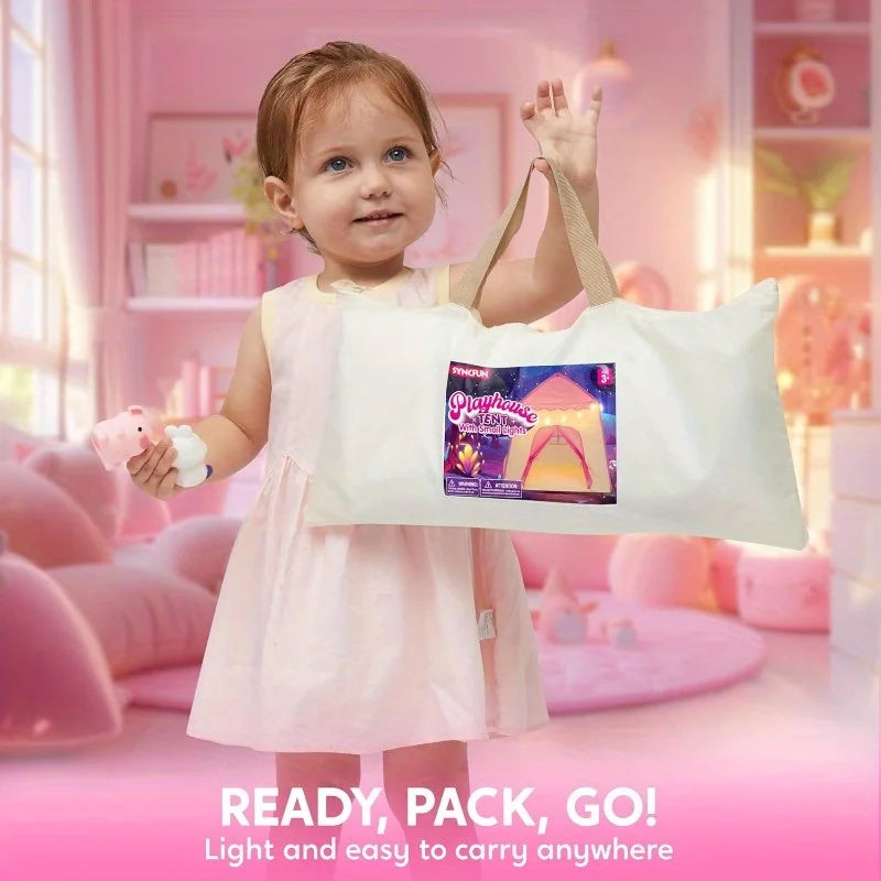 JOYFY Pink Princess Tent for Girls with LED Star Lights Large Playhouse Kids Castle Play Tent for Children Indoor Outdoor Games