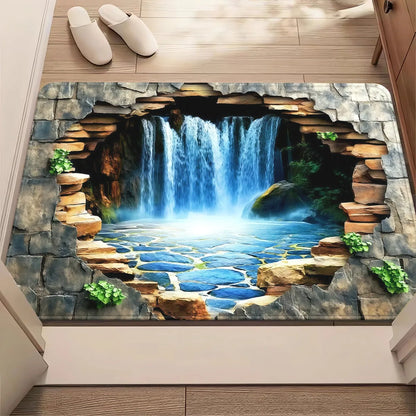 "Waterfall Scene" Doormat – 3D Stone Cave Design with Flowing Water, Non-Slip & Machine Washable for Entryway or Home Decor
