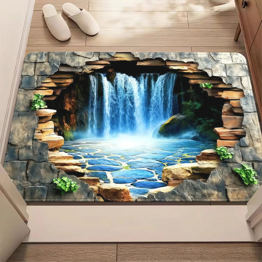 "Waterfall Scene" Doormat – 3D Stone Cave Design with Flowing Water, Non-Slip & Machine Washable for Entryway or Home Decor