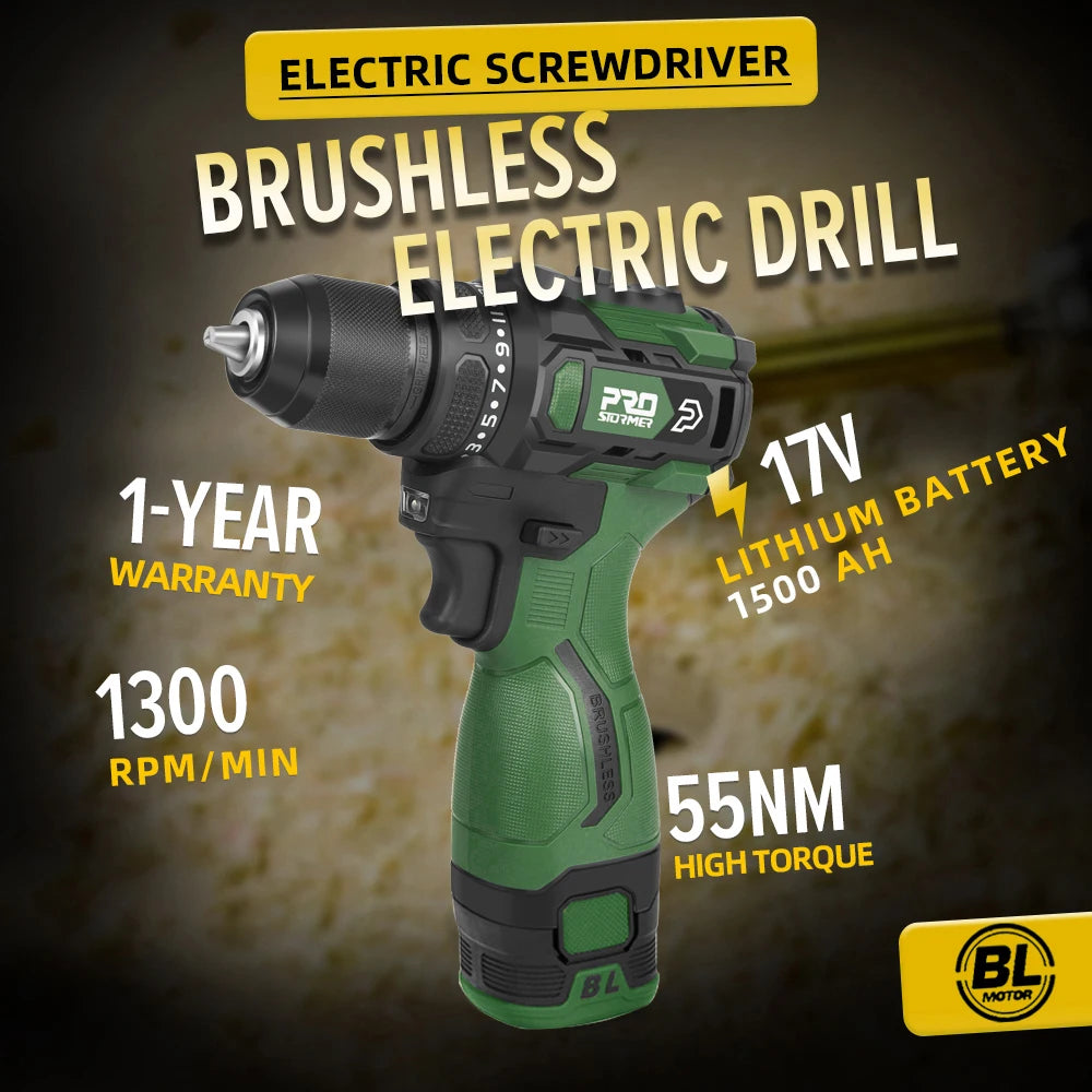 17V Brushless Electric Drill 55NM  Mini  Screwdriver Li-ion Battery 5pcs Bit  Drill By PROSTORMER
