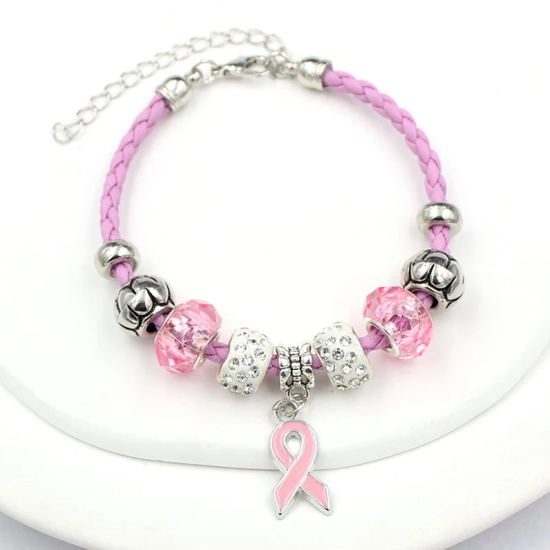 10PCS Lot Wholesale Breast Cancer Yellow Pink Ribbon Charm PU Braid Leather Bracelets For Women Jewelry Awareness Pulsera