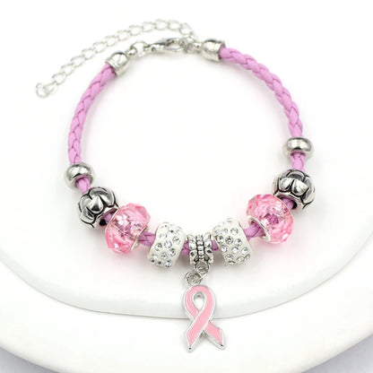 10PCS Lot Wholesale Breast Cancer Yellow Pink Ribbon Charm PU Braid Leather Bracelets For Women Jewelry Awareness Pulsera