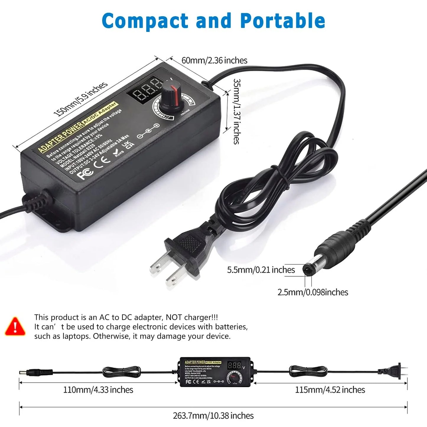 Adjustable Power Supply Variable AC-DC Power Adapter Laboratory 3V-24V-3A with US/EU Plug Female Home Appliance Alligator Clip