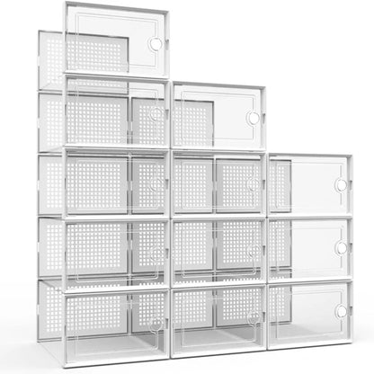 12-Pack Transparent Plastic Stackable Shoe Storage Boxes for Closet Linked Design Sports Shoe Organizers Foldable Shoe Racks