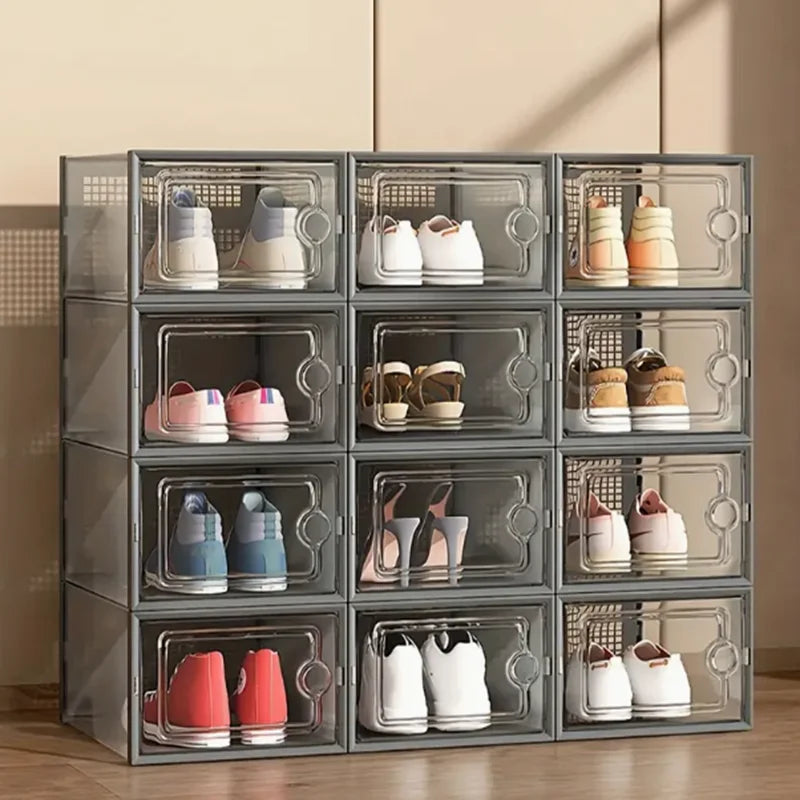 12-Pack Transparent Plastic Stackable Shoe Storage Boxes for Closet Linked Design Sports Shoe Organizers Foldable Shoe Racks