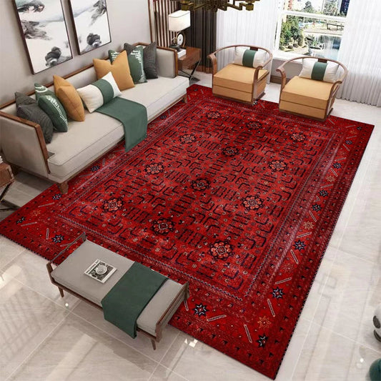 Classic Traditional Red Black Pattern Print Flannel Area Rug Vintage Design Soft Comfortable Floor Mat For Living Room