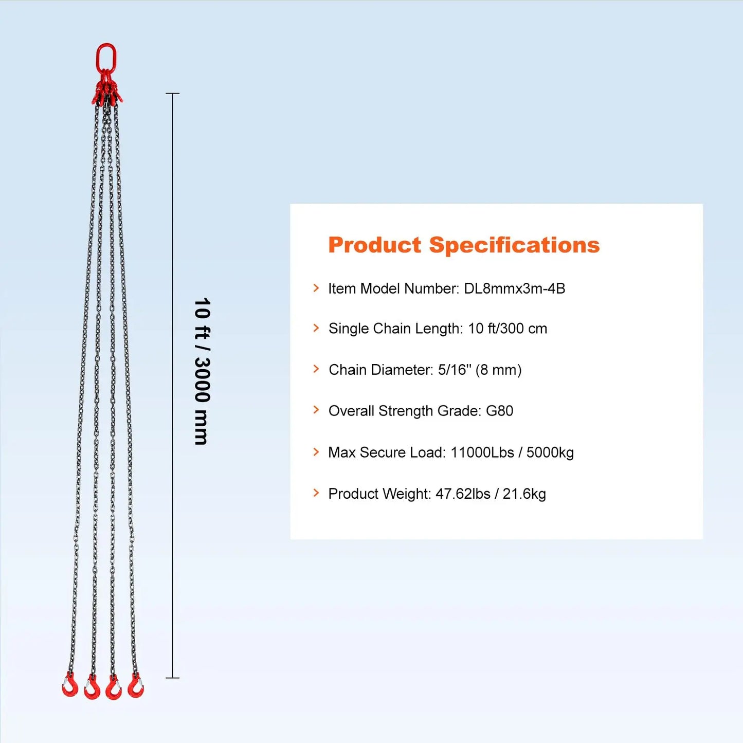 3/8 Inch Lifting Chain Sling, 8 Ton Capacity with Hooks for Engine Hoist