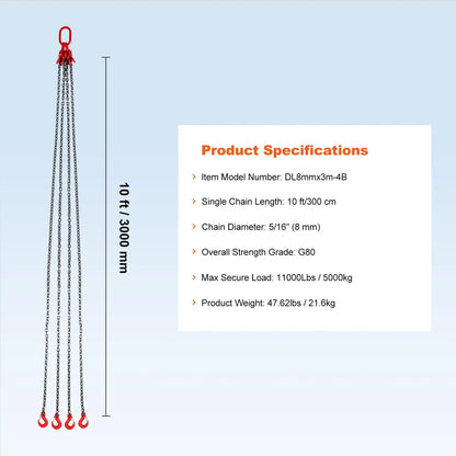 3/8 Inch Lifting Chain Sling, 8 Ton Capacity with Hooks for Engine Hoist