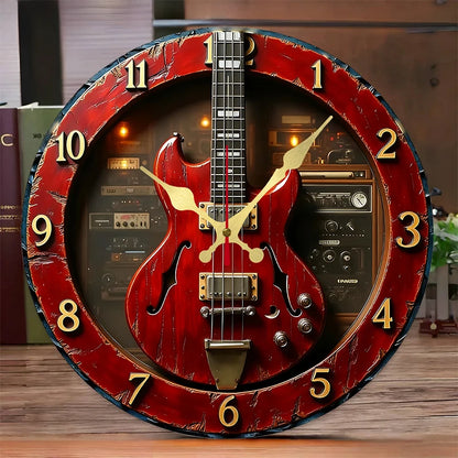 Vintage Guitar Wooden Round Silent Hanging Wall Clock,