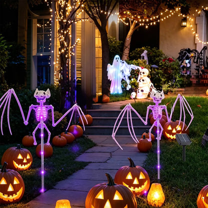 Halloween Decorations Outdoor Solar Garden Lights 2PC 3D Scary Bats Skeleton Waterproof Purple Orange LED Lights