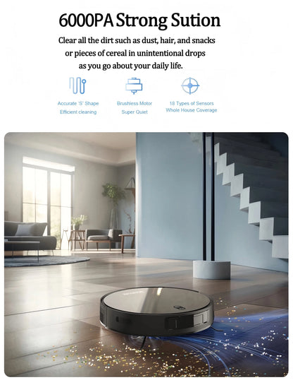 Robot Vacuum Cleaner Combo and Mop 6000PA Strong Suction  Robotic App& Remote Control Self-Charging Smart Mapping for Pet Hair