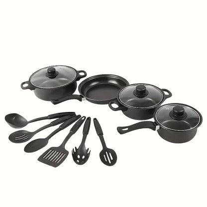 13-Piece Nonstick Cookware Set Black - Induction Compatible Pot Pan Set with Frying Pan & Utensils