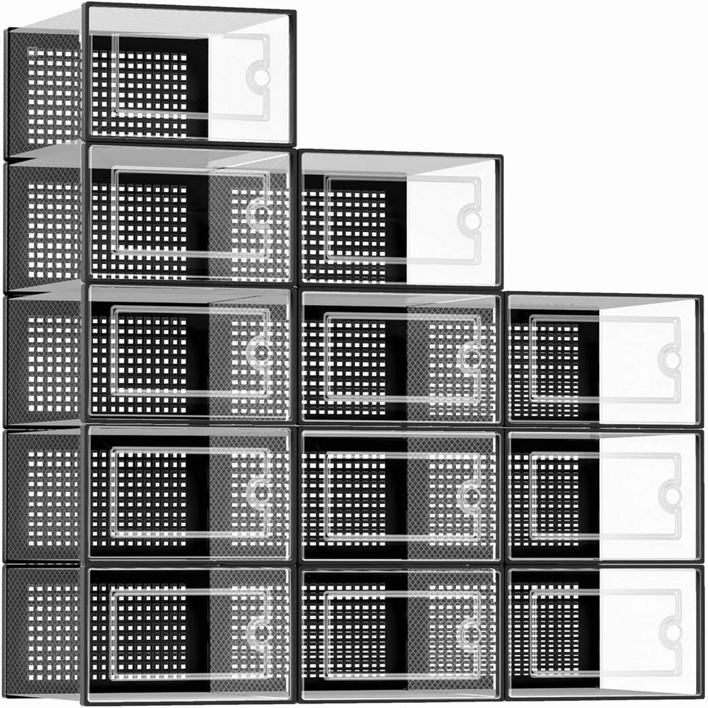 12-Pack Transparent Plastic Stackable Shoe Storage Boxes for Closet Linked Design Sports Shoe Organizers Foldable Shoe Racks