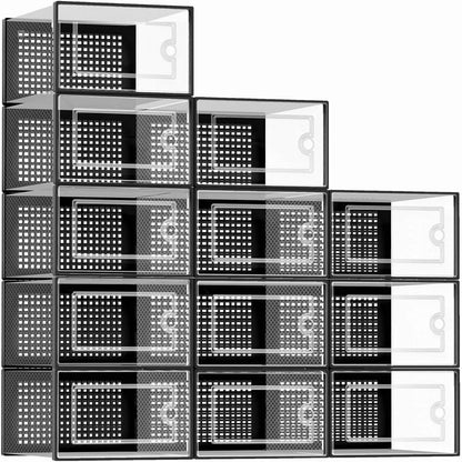 12-Pack Transparent Plastic Stackable Shoe Storage Boxes for Closet Linked Design Sports Shoe Organizers Foldable Shoe Racks