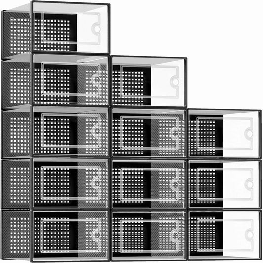 12-Pack Transparent Plastic Stackable Shoe Storage Boxes for Closet Linked Design Sports Shoe Organizers Foldable Shoe Racks