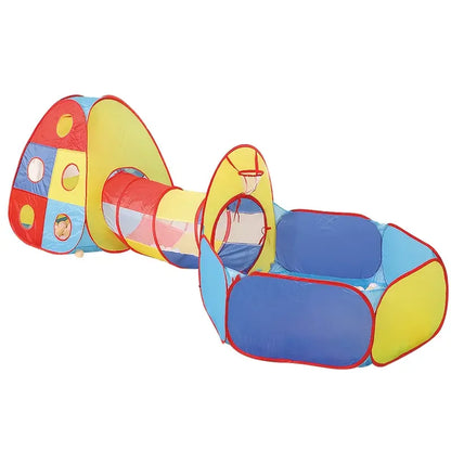 A Tent Playhouse Suitable For Indoor And Outdoor Use, Complete With A Tunnel, Ball Pool, And Fence,