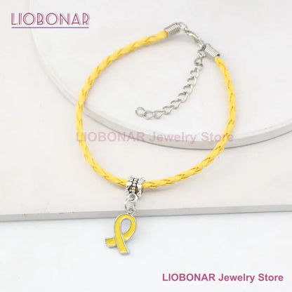 10PCS Lot Wholesale Breast Cancer Yellow Pink Ribbon Charm PU Braid Leather Bracelets For Women Jewelry Awareness Pulsera