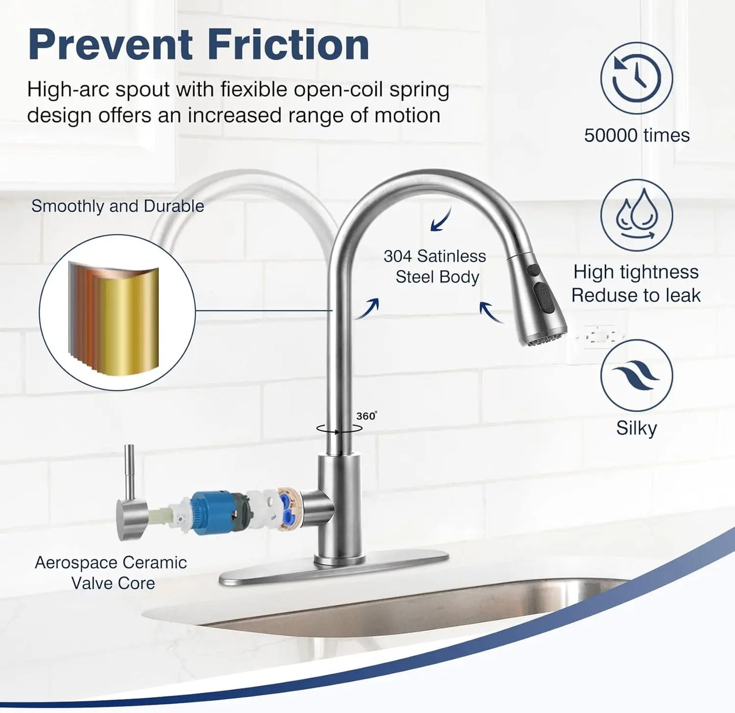 Stainless Steel Pull-Down Kitchen Faucet with Spray, Single Handle for 1-Hole Sink, Durable and Easy Install