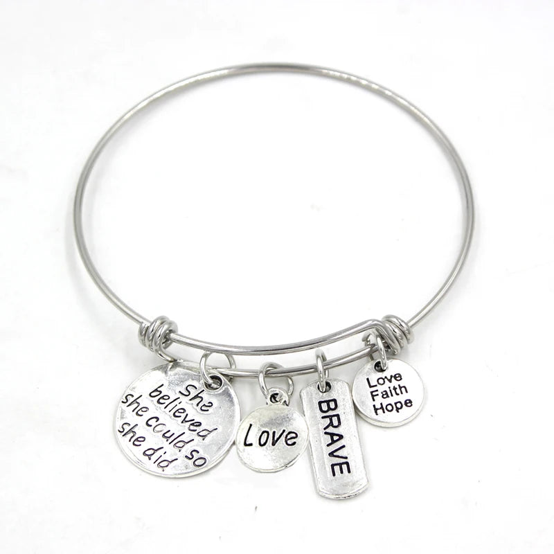 Inspiration Bracelet Stainless Steel Bangle Alloy never give up Hope Faith Believe Charm Bracelet Bangles For Women Gift Pulsera